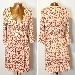 Diane Von Furstenberg Renny Silk Wrap Dress Orange and White